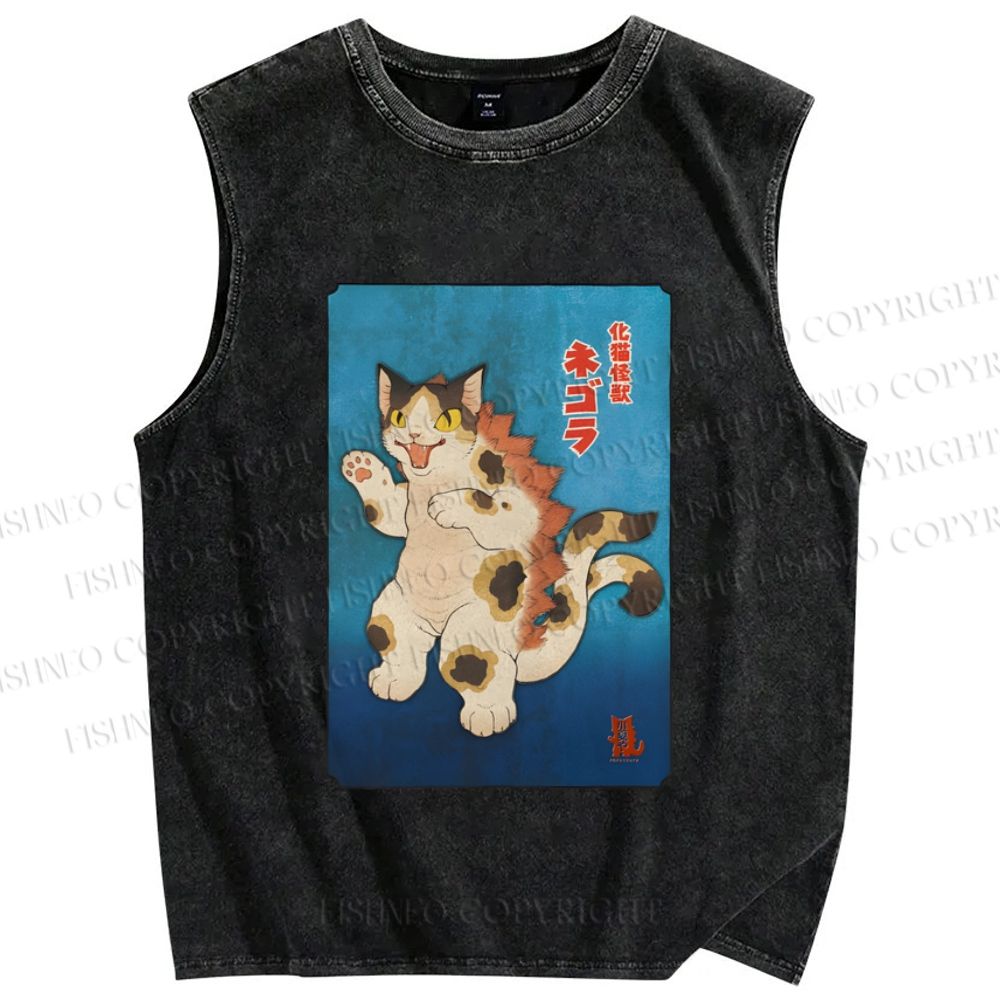 Unisex Monster Cat Printed Washed Tank Top