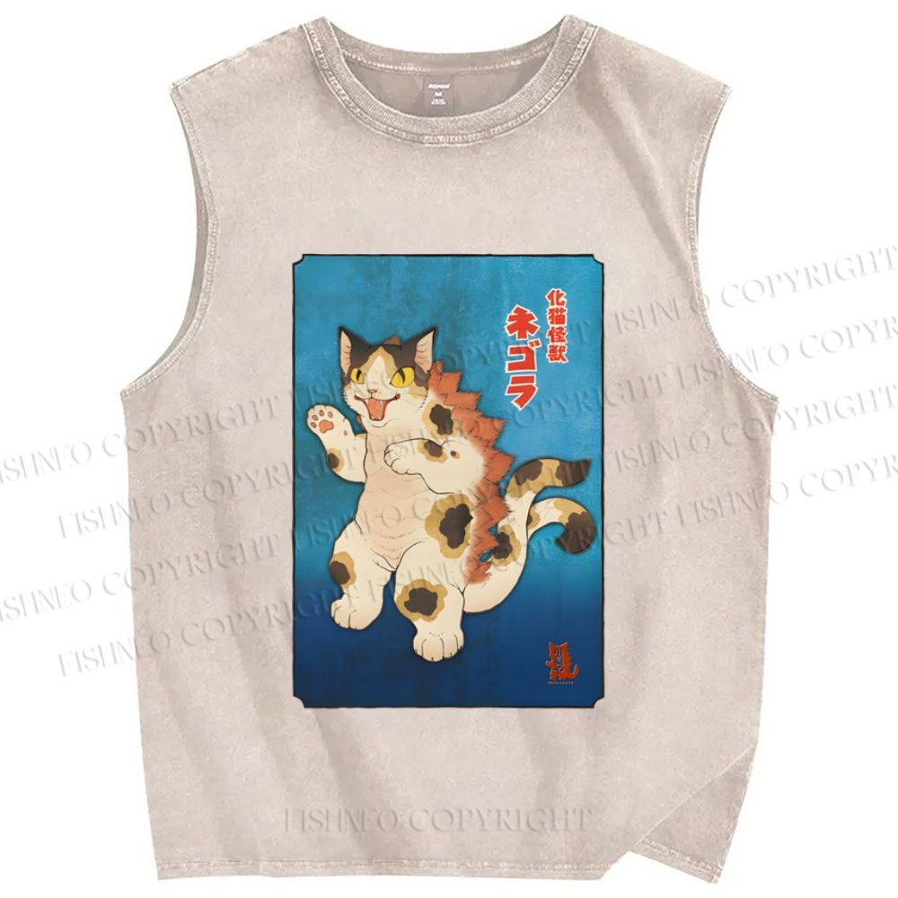 Unisex Monster Cat Printed Washed Tank Top