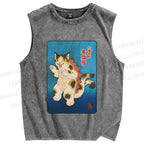 Unisex Monster Cat Printed Washed Tank Top