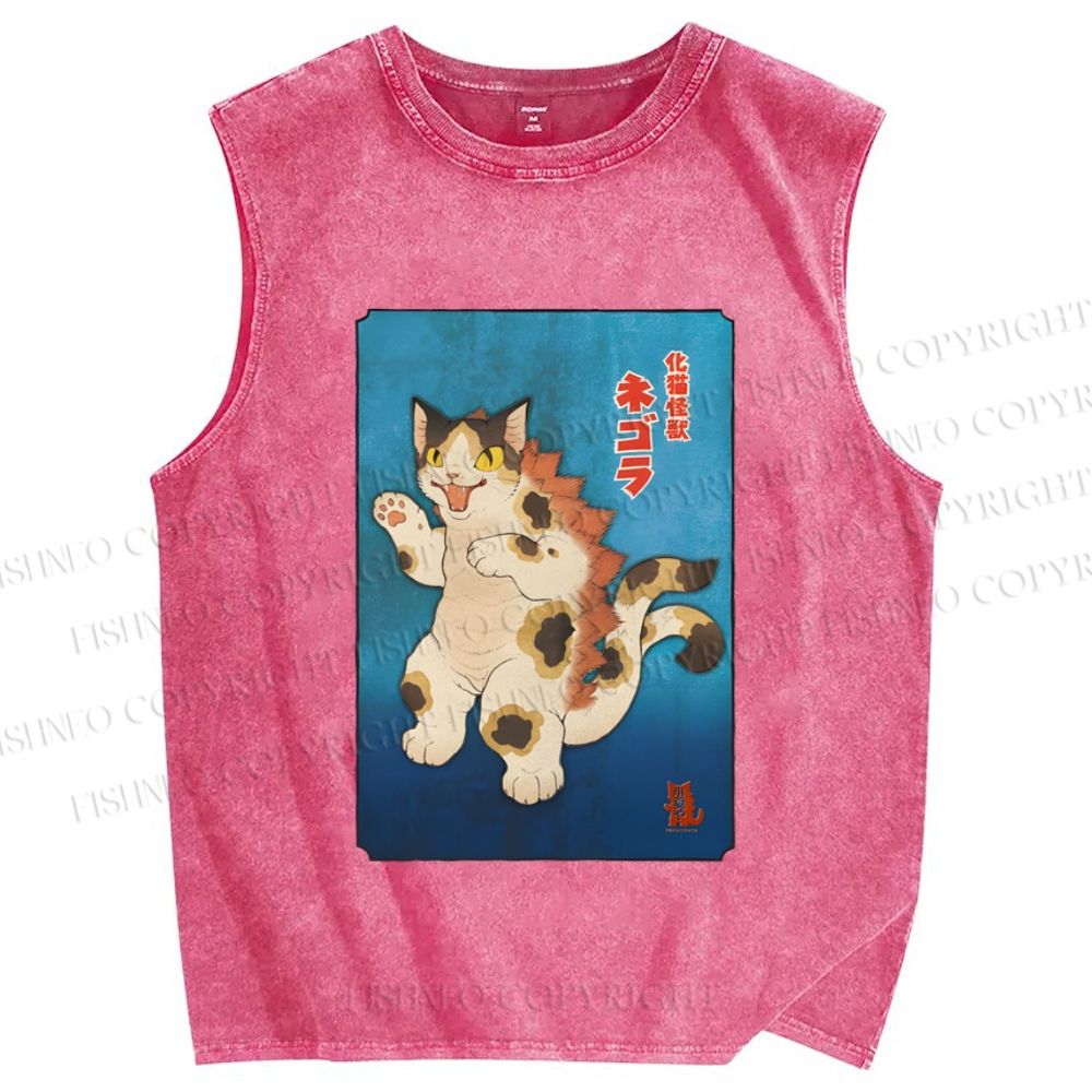 Unisex Monster Cat Printed Washed Tank Top