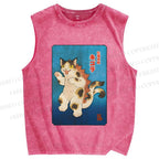 Unisex Monster Cat Printed Washed Tank Top