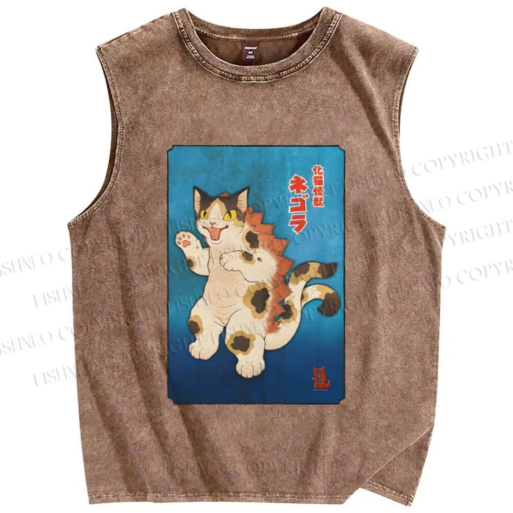 Unisex Monster Cat Printed Washed Tank Top