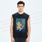 Unisex Monster Cat Printed Washed Tank Top