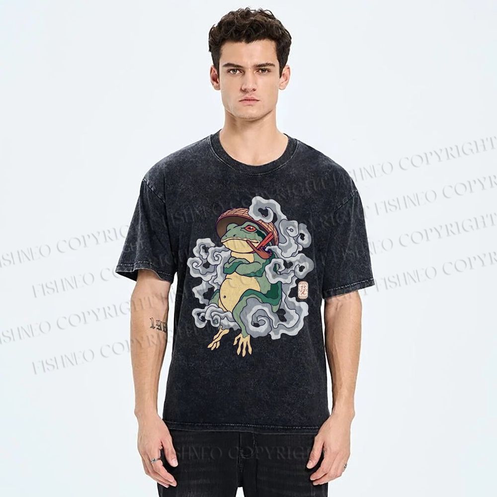 Unisex Japanese Vintage Smoking Frog Printed Washed Tee