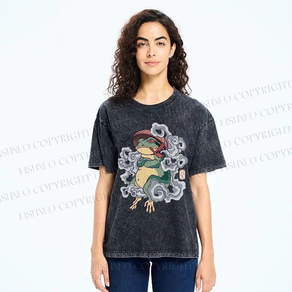 Unisex Japanese Vintage Smoking Frog Printed Washed Tee