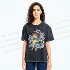 Unisex Japanese Vintage Smoking Frog Printed Washed Tee