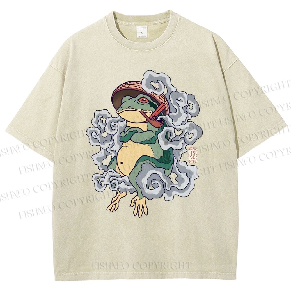 Unisex Japanese Vintage Smoking Frog Printed Washed Tee