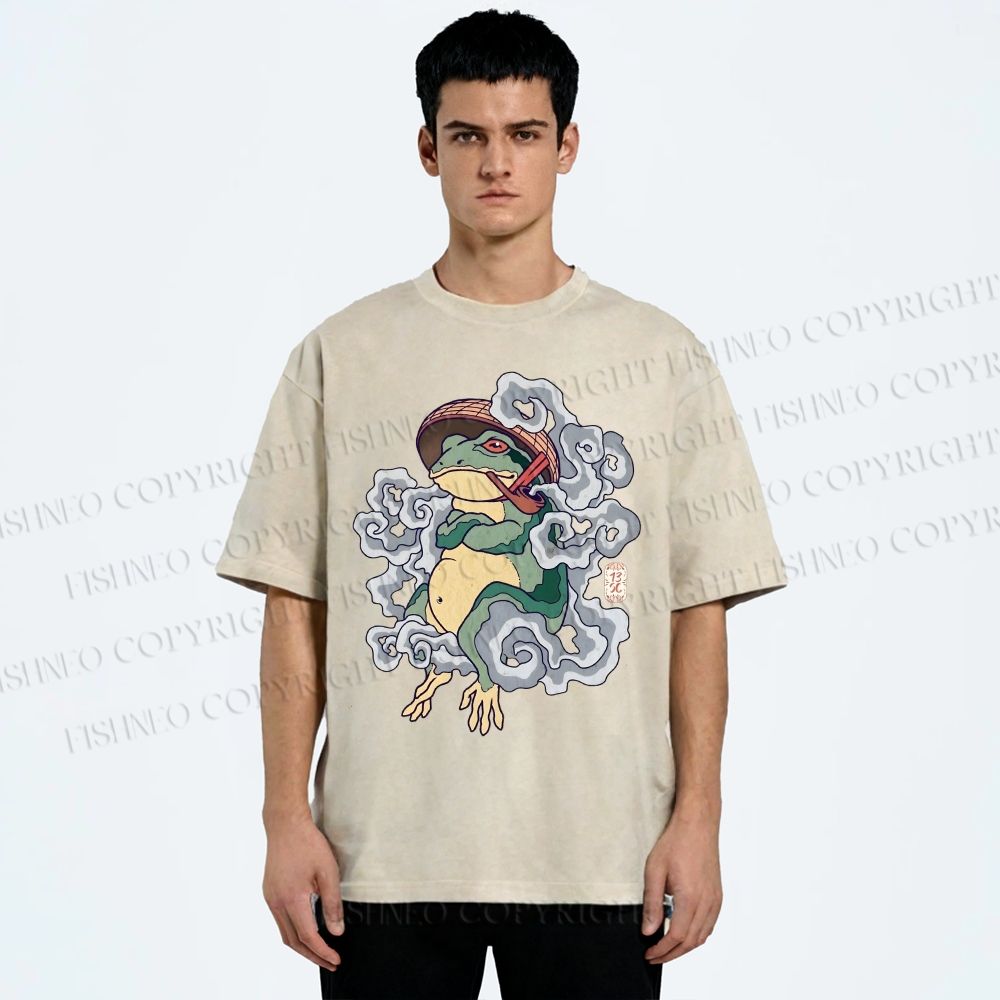 Unisex Japanese Vintage Smoking Frog Printed Washed Tee