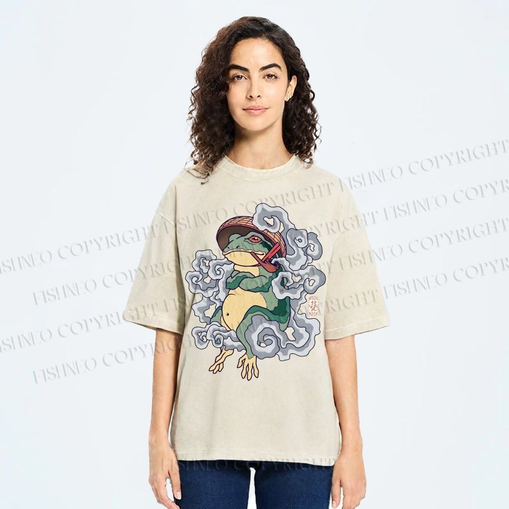 Unisex Japanese Vintage Smoking Frog Printed Washed Tee