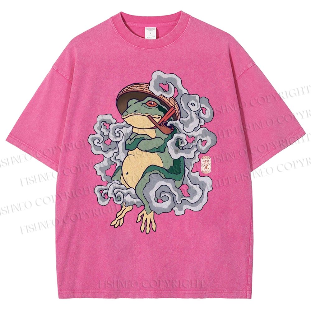 Unisex Japanese Vintage Smoking Frog Printed Washed Tee