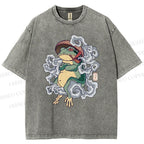Unisex Japanese Vintage Smoking Frog Printed Washed Tee