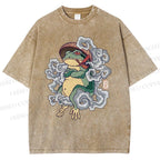Unisex Japanese Vintage Smoking Frog Printed Washed Tee