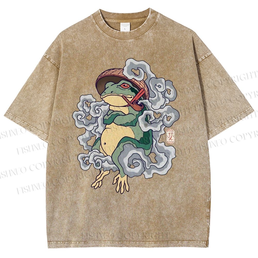 Unisex Japanese Vintage Smoking Frog Printed Washed Tee