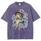 Unisex Japanese Vintage Smoking Frog Printed Washed Tee