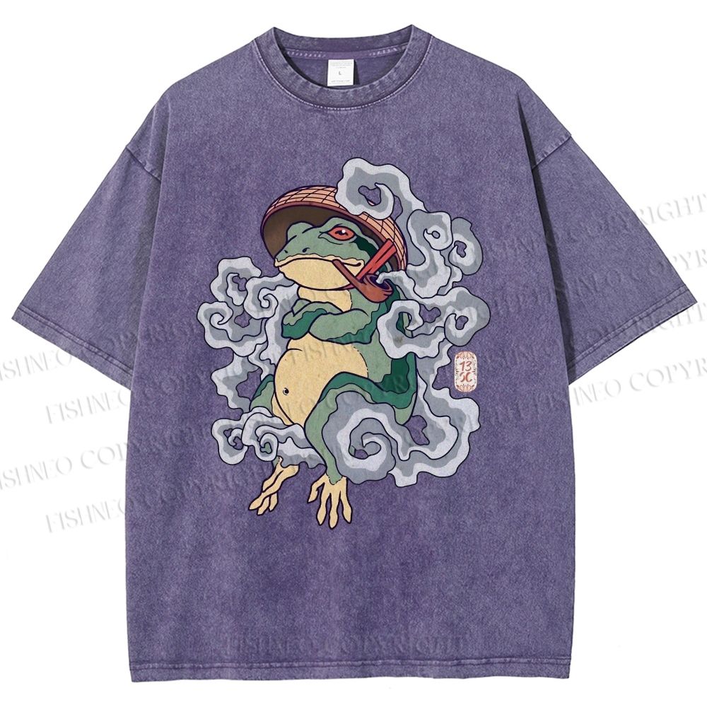 Unisex Japanese Vintage Smoking Frog Printed Washed Tee