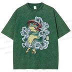 Unisex Japanese Vintage Smoking Frog Printed Washed Tee
