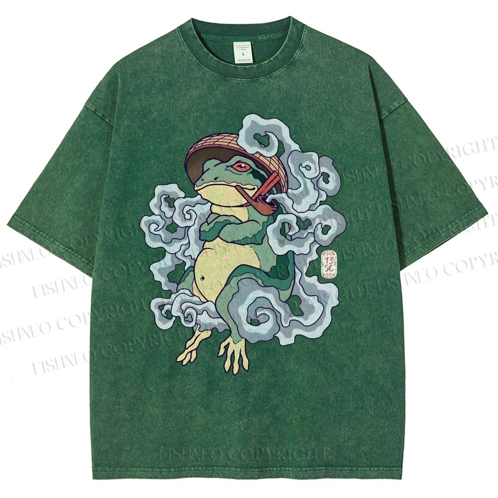 Unisex Japanese Vintage Smoking Frog Printed Washed Tee