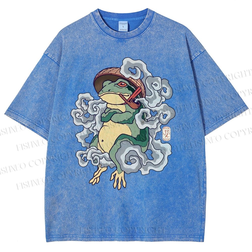 Unisex Japanese Vintage Smoking Frog Printed Washed Tee
