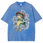Unisex Japanese Vintage Smoking Frog Printed Washed Tee
