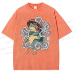 Unisex Japanese Vintage Smoking Frog Printed Washed Tee