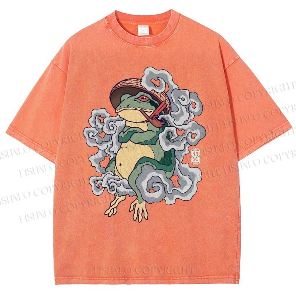 Unisex Japanese Vintage Smoking Frog Printed Washed Tee