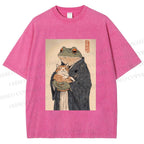Unisex Frog Hugging Cat Printed Washed Tee