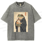 Unisex Frog Hugging Cat Printed Washed Tee