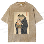 Unisex Frog Hugging Cat Printed Washed Tee