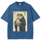 Unisex Frog Hugging Cat Printed Washed Tee