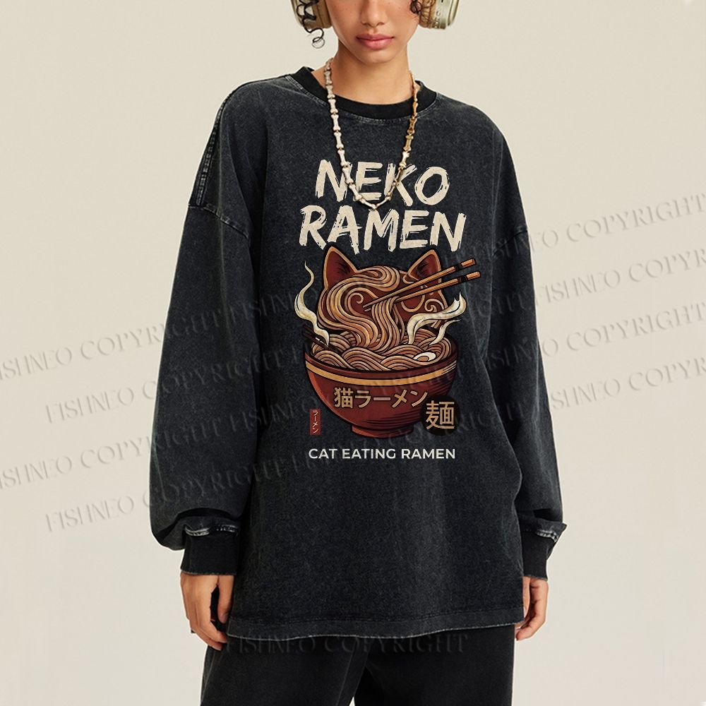 Unisex Casual Washed Neko Ramen Printed Long Sleeve T-shirt
