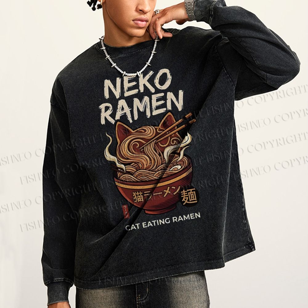Unisex Casual Washed Neko Ramen Printed Long Sleeve T-shirt