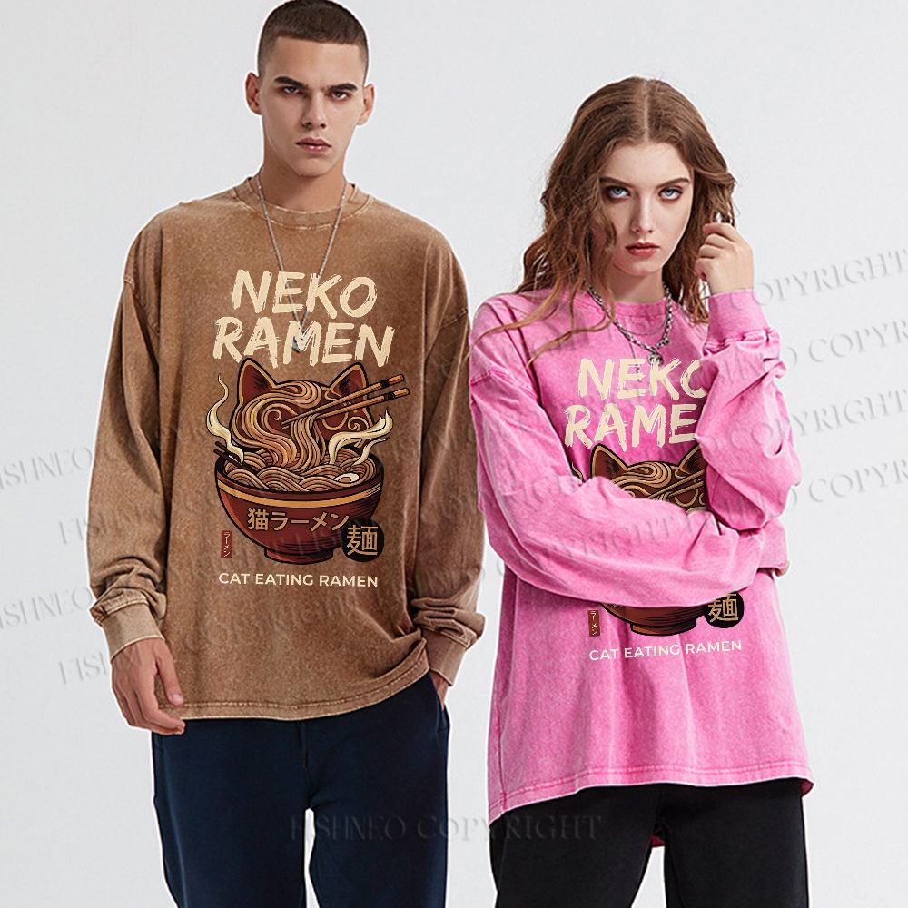 Unisex Casual Washed Neko Ramen Printed Long Sleeve T-shirt