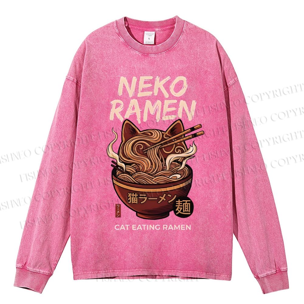 Unisex Casual Washed Neko Ramen Printed Long Sleeve T-shirt