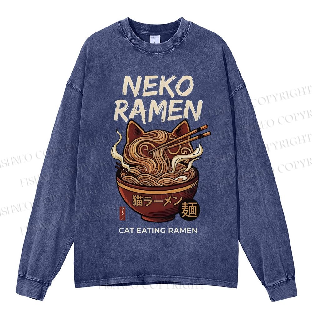 Unisex Casual Washed Neko Ramen Printed Long Sleeve T-shirt