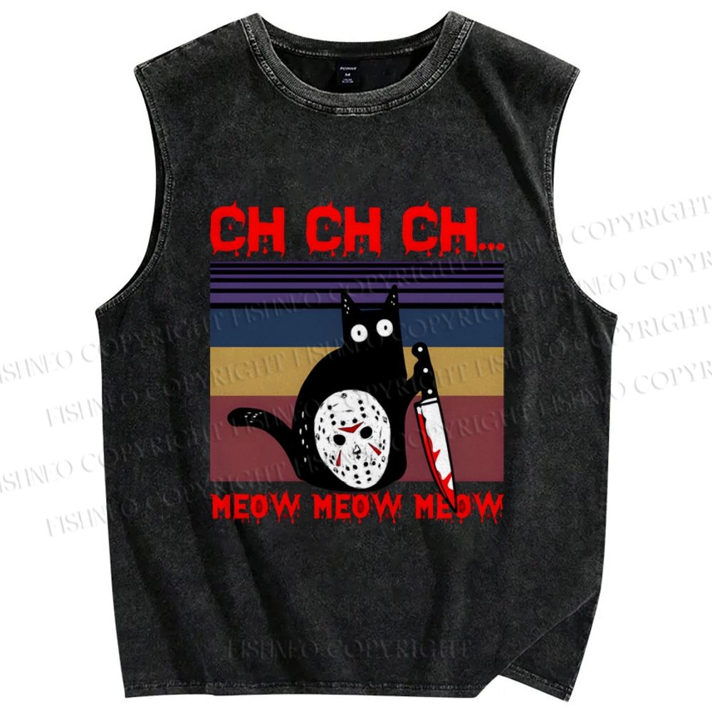 Unisex Mask Black Cat Printed Washed Tank Top