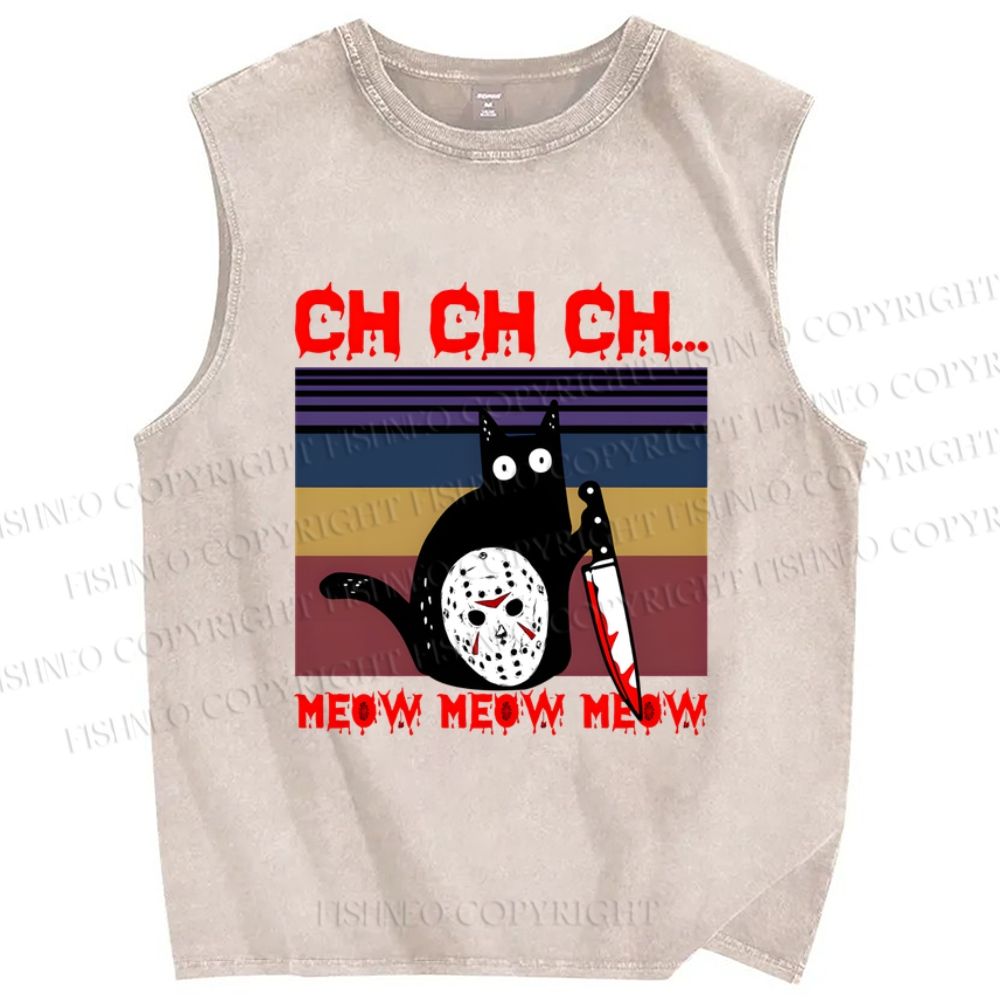 Unisex Mask Black Cat Printed Washed Tank Top