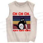 Unisex Mask Black Cat Printed Washed Tank Top