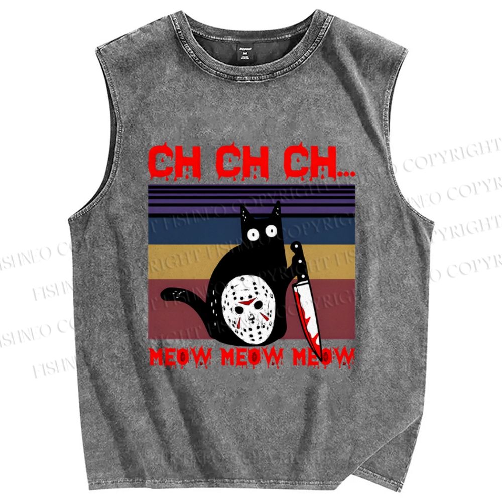 Unisex Mask Black Cat Printed Washed Tank Top