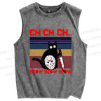 Unisex Mask Black Cat Printed Washed Tank Top