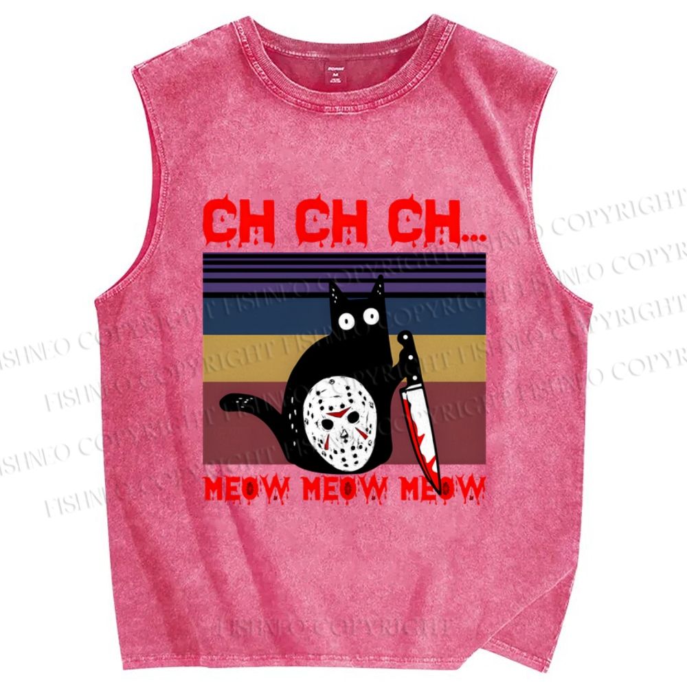 Unisex Mask Black Cat Printed Washed Tank Top