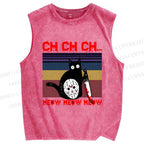 Unisex Mask Black Cat Printed Washed Tank Top