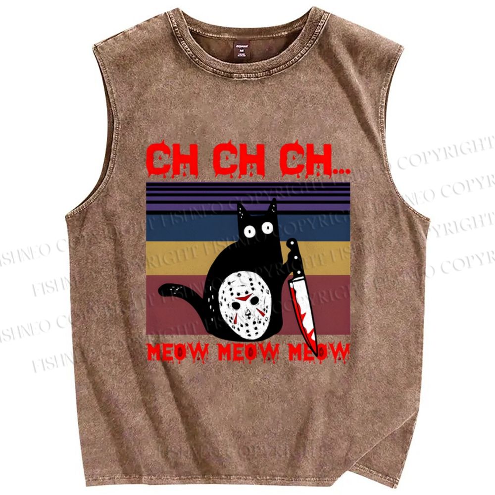 Unisex Mask Black Cat Printed Washed Tank Top