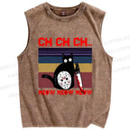 Unisex Mask Black Cat Printed Washed Tank Top