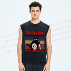 Unisex Mask Black Cat Printed Washed Tank Top