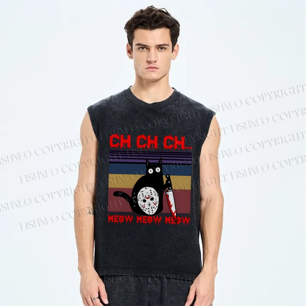 Unisex Mask Black Cat Printed Washed Tank Top