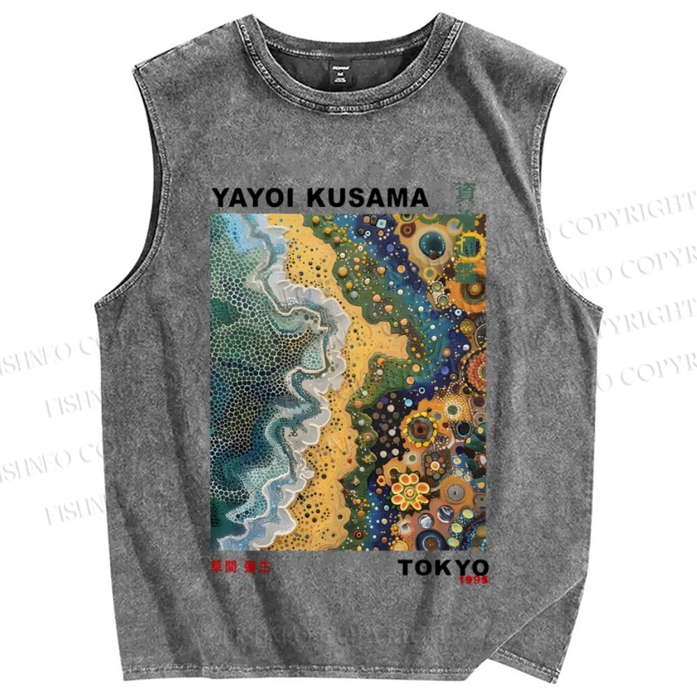 Unisex Japanese Yayoi Kusama Flowers Beach Printed Washed Tank Top