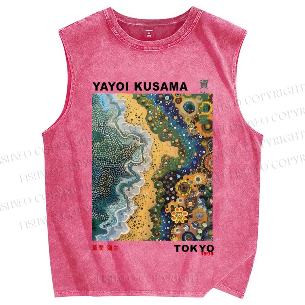 Unisex Japanese Yayoi Kusama Flowers Beach Printed Washed Tank Top