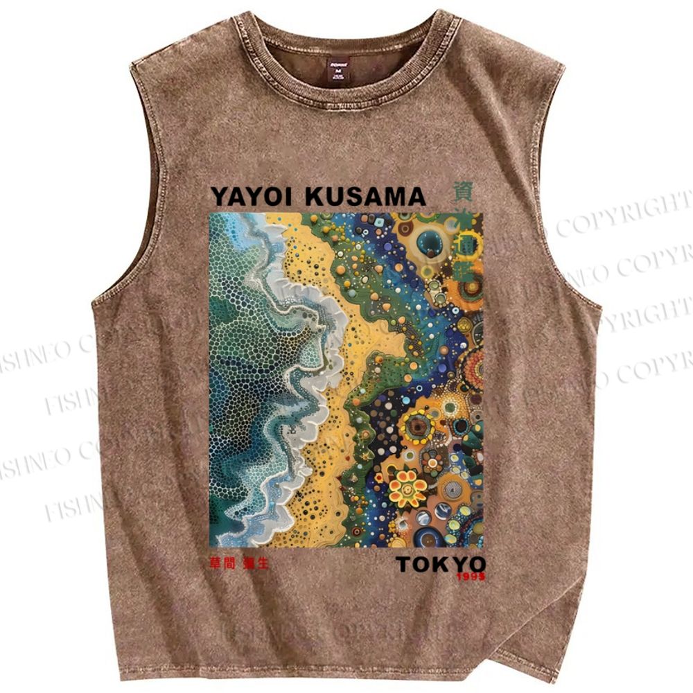Unisex Japanese Yayoi Kusama Flowers Beach Printed Washed Tank Top