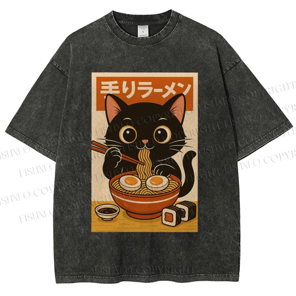 Unisex Ramen Cat Printed Washed Tee