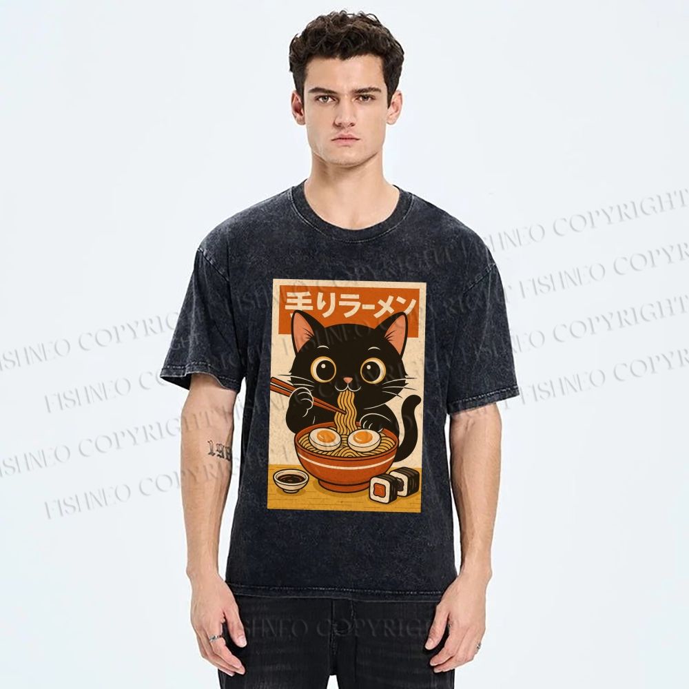 Unisex Ramen Cat Printed Washed Tee